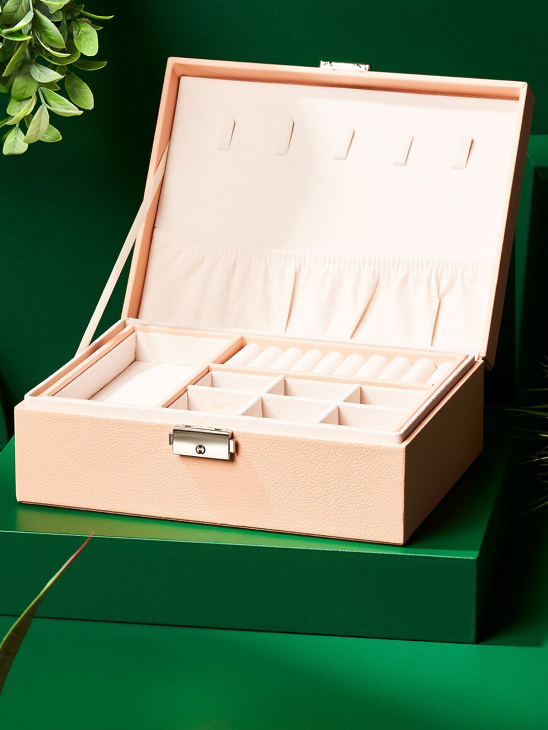 YouBella Jewellery Organiser PU Leather Zipper Portable Storage Box Case with Dividers Container for Rings, Earrings, Necklace Home Organizer Jewellery Box (Pink)